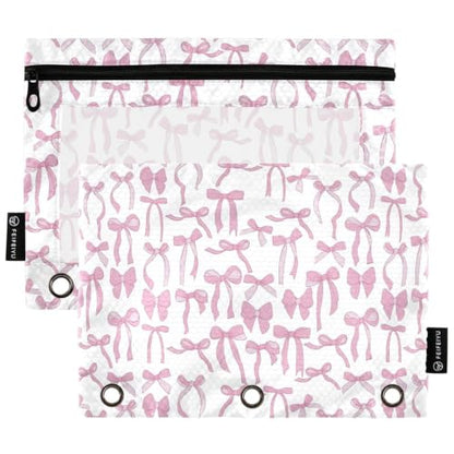 Gredecor 3 Ring Binder Pencil Pouch, Aesthetic Pink Ribbon Bows Zippered Pen Case Pouches with Clear Window, 2 Pack Stylish Office & School Supplie - color: Aesthetic Pink Ribbon Bows