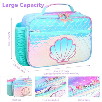 RHCPFOVR Kids Lunch Box for Girls Teens Insulated Lunch Bag Reusable Lunch Tote Kit for School Travel - color: Blue Mermaid Scale