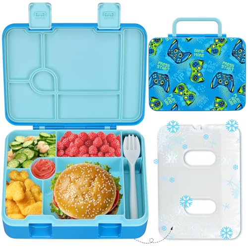 Chill Lunch Box Kids, Leak Proof Adult Bento Box with Ice Pack, 6 Compartment Lunch Container with Utensils for Girl Boy Back to School, 5.5-Cup Capacity, Dishwasher Safe, BPA Free - color: Blue-Game
