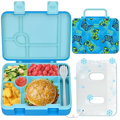 Chill Lunch Box Kids, Leak Proof Adult Bento Box with Ice Pack, 6 Compartment Lunch Container with Utensils for Girl Boy Back to School, 5.5-Cup Capacity, Dishwasher Safe, BPA Free - color: Blue-Game