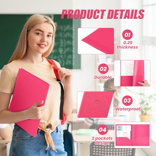 Gueevin 50 Pcs Plastic Folders with Pockets, Back to School Two Pocket Folder Fit Letter Size, Heavy Duty School Business Card Holder for Home Office, 11. 61 x 9. 45 Inches (Rose Pink) - color: Rose Pink