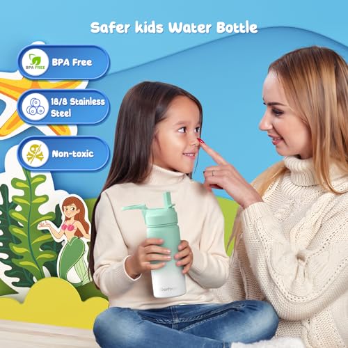 Gonfoam 16oz Kids Water Bottle, Stainless Steel Insulated Cup | DIY Stickers, BPA-free, Leak-proof, Sturdy, Keeps Cold 24h, Easy to Carry, Easy to Clean, Back to School, Gifts - color: Green/White