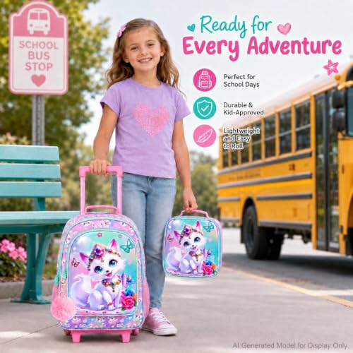 3Pcs Rolling Backpack for Girls, Kids Roller School Backpack with Wheels, Fox Wheeled Bookbag for Elementary Preschool Kindergarten(Pink) - color: Fox Pink
