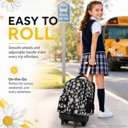 WZLVO 3PCS Wheeled Backpack, Water Resistance Girls Roller Bookbag with Wheels, Women Aesthetic Rolling School Bag Set with Lunch Bag & Pencil Bag for Teens & Kids - Black Chrysanthemum - color: 3pcs Girls Rolling Backpack - Black Chrysanthemum