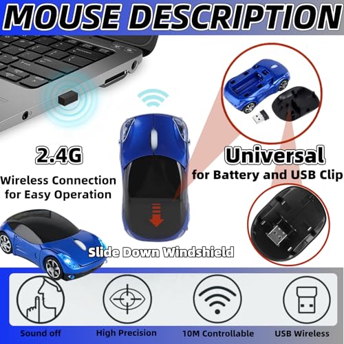 Blue Wireless Mouse，Mini Car Computer Mouse，1600DPI 2.4G with USB Receiver, Ergonomic Cute Computer Mice for Laptop, PC, Windows, Mac OS (Blue) - color: Blue