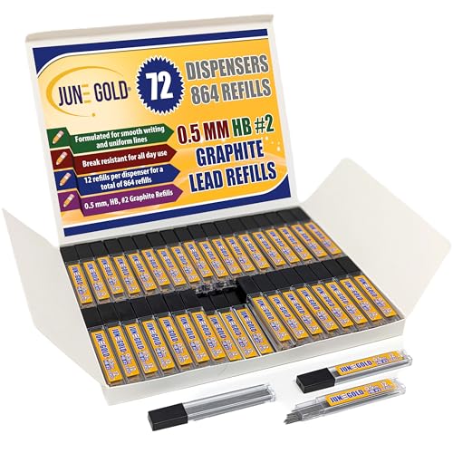 June Gold 864 Pieces, 0.5 mm HB #2 Lead Refills, 72 Dispensers, 12 Pieces Per Dispenser, Fine Thickness, Break Resistant Lead/Graphite - style: 0.5 mm