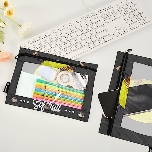 Yellow Softball Baseball Binder Pencil Pouch 3 Ring, Clear Window Zipper Pencil Case Bags Office Supplies 2 Pack