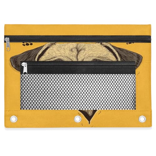 Cute Pug Pencil Pouch for 3 Ring Binder Dog Yellow Pencil Case Bag with Clear Window Zipper Pockets for Kids Girls Boys Students School College Supplies 2 Pack - color: Yellow Brown