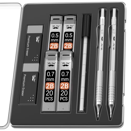 Mr. Pen- Metal Mechanical Pencil Set with Lead Refills & Erasers, 2 Pack | 2 Sizes, 0.5 & 0.7mm, 4x Tubes 2B Lead Refill, 2x Erasers for School Supplies, Note Taking, Drawing, Sketching, Office