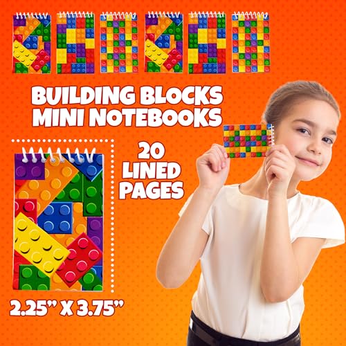 Mini Building Block Notebooks (Bulk of 64) Spiral Notepads In Assorted Brick Styles, Mini Notebook For Kids Pocket Size, For Birthday Party Favors, Goodie Bag Stuffers, Children Classroom Rewards - size: 64 Count