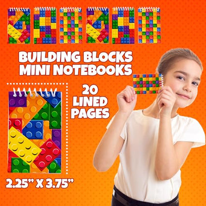 Mini Building Block Notebooks (Bulk of 64) Spiral Notepads In Assorted Brick Styles, Mini Notebook For Kids Pocket Size, For Birthday Party Favors, Goodie Bag Stuffers, Children Classroom Rewards - size: 64 Count