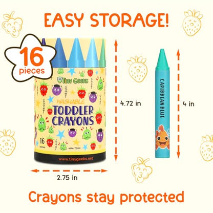 TinyGeeks Jumbo Crayons (16 Colors) – Non-Toxic, Washable, Easy-to-Hold Art Supplies for Toddlers and Kids – Perfect for Travel, Learning, and Creative Play