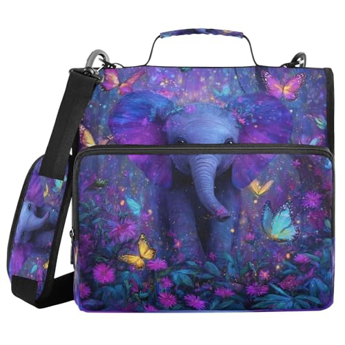 Elephant Butterfly Flowers Purple 3 Ring Zipper Binder 1.5 Inch D-Ring Binder with Zipper Multi-Pockets 500 Sheets Capacity Expanding File Folder Binders Organizer for School Office