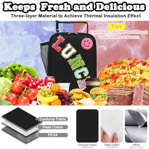 FlowFly Lunch box Insulated Soft Bag Mini Cooler Back to School Thermal Meal Tote Kit With Buckle and Mesh Side Pocket for Girls, Boys, BlackWithLetter - color: BlackWithLetter