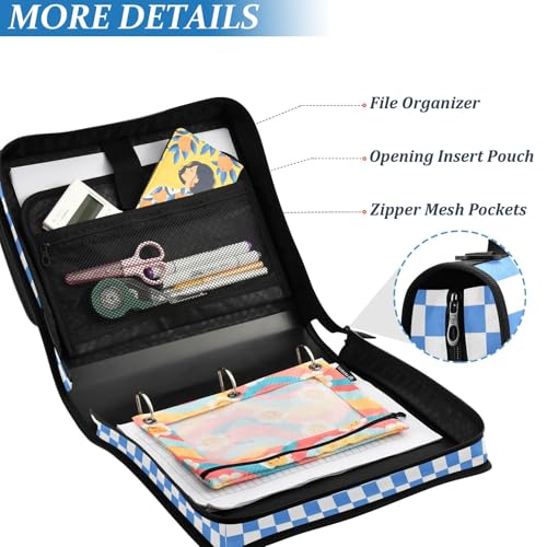 Light Blue White Checkered Binder Bag 3 Ring Zipper Binders with Shoulder Strap for School Office Organizer Storage - color: Q017