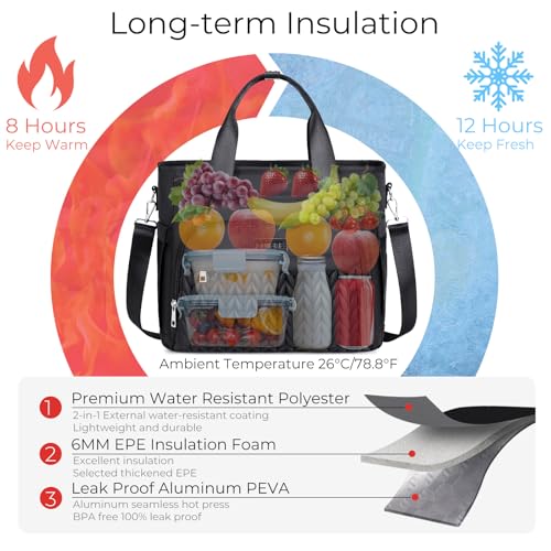 AIJIEKE Large Insulated Lunch Bag for Women Men, Work Lunch Box Tote, Black | Leakproof, durable multi-compartment cooler. Reusable with shoulder strap. Perfect for travel meal prep, picnic, beach - color: A.Black