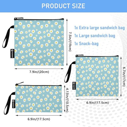 Reusable Food Storage Bags Daisy Flowers and Polka Dots 3 Pack Set Lunch Bag Compact Sandwich Snack Bag Small Medium Large for Lunch, Travel & Organization - color: Bag 11