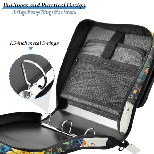 Zipper Binder Cat Flower Cute Black 1.5 inch 3 Ring Binder Bag with Multiple Pockets, 500 Sheet Capacity with Shoulder Strap