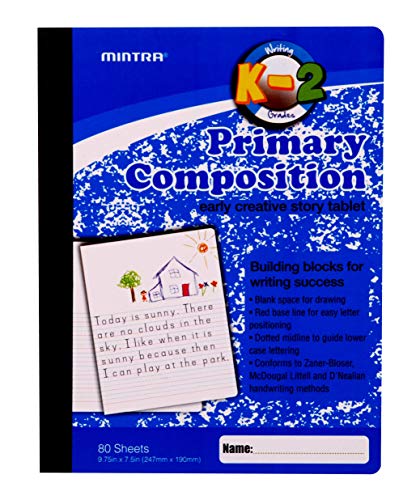 Mintra Primary Composition Notebook, 4 Pack, Blue Cover, 80 Sheets, 7.5in x 9.75in, 1/2 Sheet, Ruled with Drawing Area, Flexible Hardcover Journal, Grades K-2, School & Home Use - color: Primary Ruled, size: 4 Pack