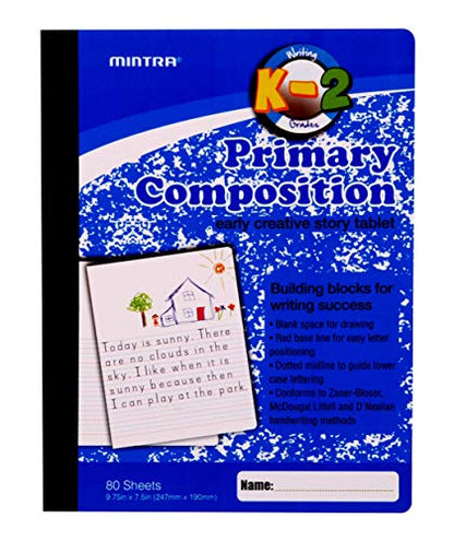 Mintra Primary Composition Notebook, 4 Pack, Blue Cover, 80 Sheets, 7.5in x 9.75in, 1/2 Sheet, Ruled with Drawing Area, Flexible Hardcover Journal, Grades K-2, School & Home Use - color: Primary Ruled, size: 4 Pack
