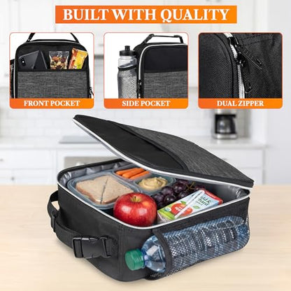 opux Insulated Lunch Bag for Kids Boys Girls, Small Compact Lunch Box with Wide Opening & Mesh Pockets, Reusable Lunch Pail for School, Work, Adults, Men, Women, Charcoal Grey - color: Heather Charcoal