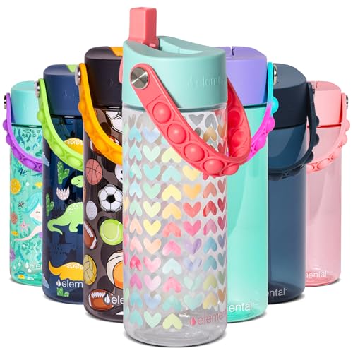 Elemental Leak Proof Water Bottles for Kids - Splash Kids Water Bottle for School with Pop-it Handle - BPA Free Tritan Plastic Reusable Water Bottle with Straw - Rainbow Heart - 18oz - color: Rainbow Heart