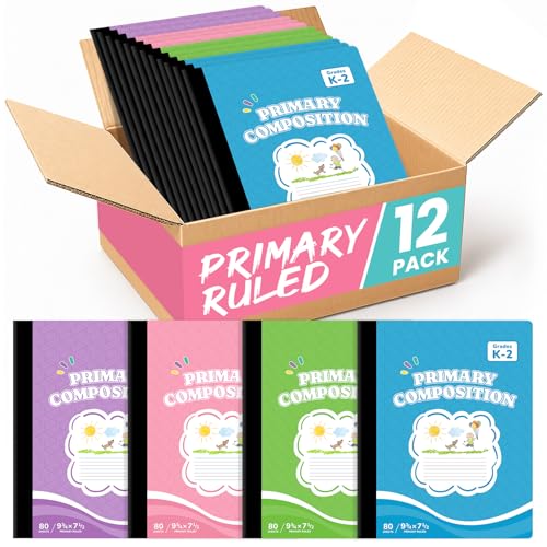 Taja Primary Composition Notebook Primary Ruled, 12 Pack Aesthetic Composition Book, 9-3/4" x 7-1/2", 160 Pages (80 Sheets), Perfect for School Office Supplies, Pastel Colors - size: 12-Pack