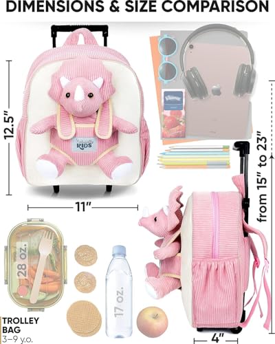 Toddler Luggage for Girls w Dinosaur Toys, Kids Rolling Backpack Girls, Toddler Suitcase, Gifts for 3 4 5 6 Year Old - color: 09 Dinosaur Triceratops, style: Trolley
