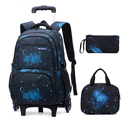 3Pcs Boys Galaxy Rolling Backpack Kids Backpack with Wheels Trolley Bookbag Wheeled School Bag with Lunch Bag - color: Large 6wheels-3pcs Black Blue-starry Sky, size: Large 3-Piece Set