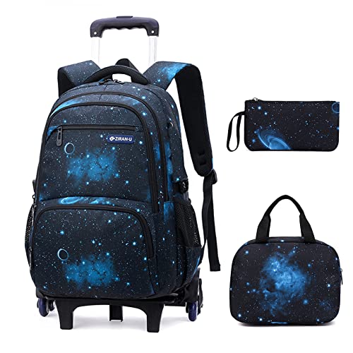 3Pcs Boys Galaxy Rolling Backpack Kids Backpack with Wheels Trolley Bookbag Wheeled School Bag with Lunch Bag - color: Large 6wheels-3pcs Black Blue-starry Sky, size: Large 3-Piece Set