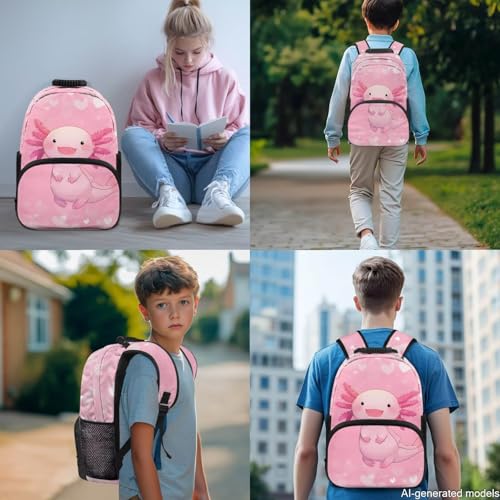 17 Inch Kid's 4PCS Backpack Set, Back to School Essentials | Insulated lunch box, water bottle pouch, pencil case, lightweight, padded shoulder straps, for elementary, middle school - color: Cute Axolotl-2
