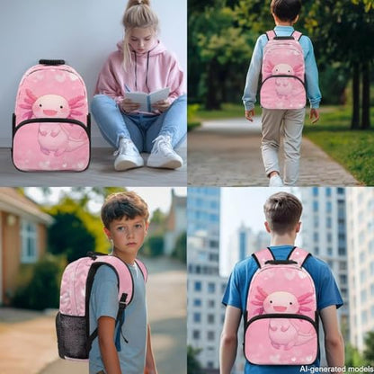 17 Inch Kid's 4PCS Backpack Set, Back to School Essentials | Insulated lunch box, water bottle pouch, pencil case, lightweight, padded shoulder straps, for elementary, middle school - color: Cute Axolotl-2