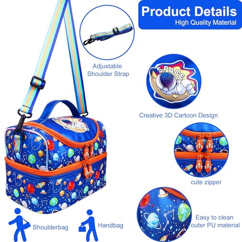 RHCPFOVR Kids Lunch Bag - Double - Decker Cooler Insulated Lunch Box for Boys Girls,Washable Lunch Bag with Strap and Reusable Toddler Lunchbox for School and Daycare - color: Royal Blue Space