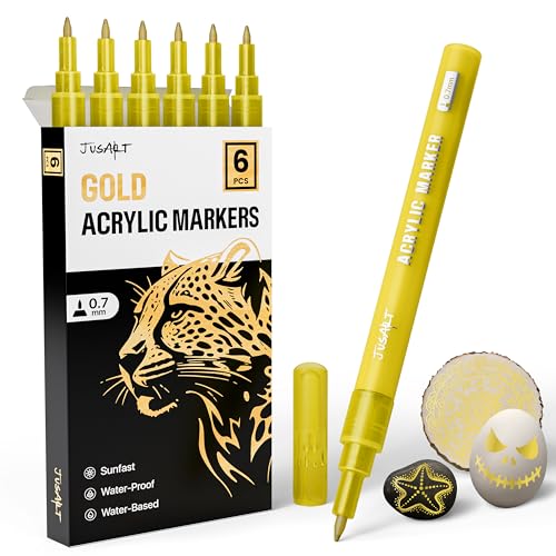 JusArt 0.7mm Fine Point Gold Acrylic Paint Pen, 6 Pack | Gold Marker for Rock Painting, Art Projects, Ceramic, Glass, Wood, Metal, Fabric, DIY, Ideal for Art Supplies - color: Gold, size: 6 PCS