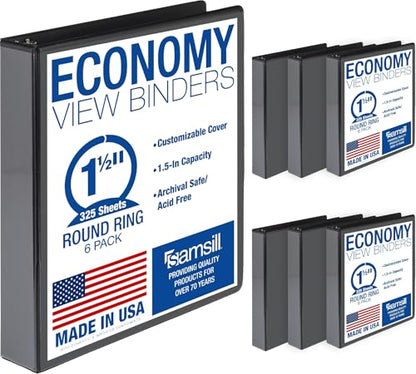 Samsill 1.5 Inch 3 Ring Binders, Economy Round Ring, Clear View Cover, 325 Sheet Capacity - for School, Home, Office - Black, 6 Pack - size: 6-Pack, style: 1.5 Inch