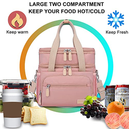 Weitars Lunch Bag for Women, Loncheras Para Mujer, Leakproof Insulated Large Lunchbox Dual Compartment Lunch Box Adult For Work Beach Picnic Hiking (15L) (Pink) - color: Pink