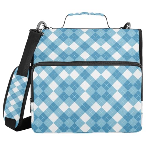 Argyle Blue and White Zipper Binder 3 Ring 1.5 Inch School Binder Organizer with Shoulder Strap Handle File Folder Pockets Large Capacity Students Girl Boy Men Office Work - color: Argyle Blue and White