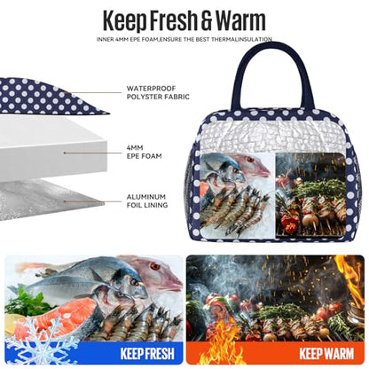 douyadady Lunch Bag Women/Men Lunch Box Women/Men (Blue+White dots) | Spacious Lightweight Waterproof Sturdy Durable Great Value For Office Work School Picnic Travel - color: Blue+White dots