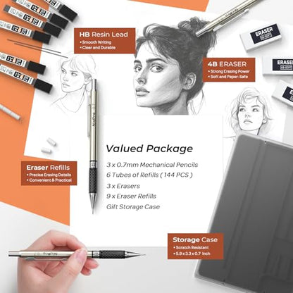 Nicpro 0.7 mm Art Mechanical Pencil Set in Storage Case, 3 PCS Metal Drafting Pencil Lead Pencil with 6 Tube HB Lead Refills, 3 Erasers, 9 PCS Eraser Refills for Artist Writing, Drawing, Sketching - style: 3 Pack (0.7mm)