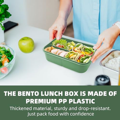 Fanhaw 40 Oz/5 Cup Bento Box for Kids, Men and Women, Lunch Box with 3 Compartments, Utensil, Microwave & Dishwasher Safe (Green) - color: Green