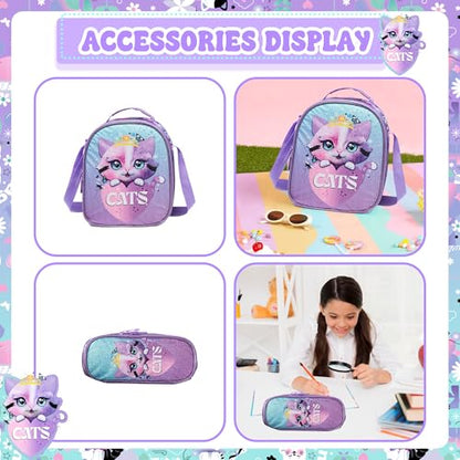 Meetbelify Cute Cat Girls Rolling Backpack with Wheels Kids Luggage for Elementary Students Trolley Trip Carry On Bag for Girls Ages 6-8 - color: 01 Cat