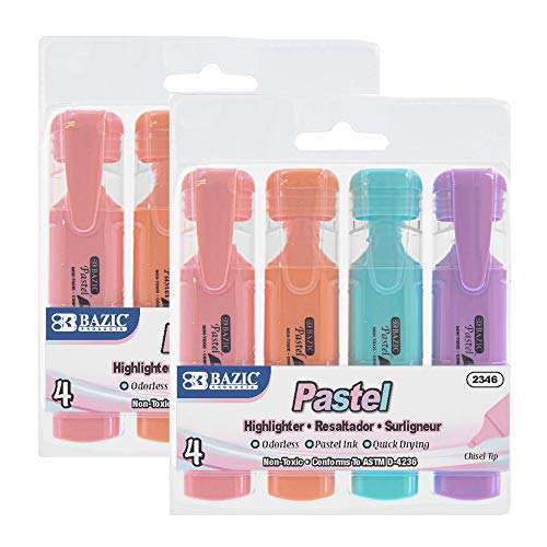 BAZIC PRODUCTS Highlighters, Odorless, Chisel Tip, Clip, 4 Count, 2-Pack | Quick-dry, assorted pastel highlighters, odorless ink, pocket clip, non-toxic, ASTM D-4236 - size: 1 Count (Pack of 2)