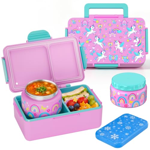Bento Lunch Box for Kids with Thermos –12oz Insulated Stainless Steel Soup Jar and Built-in Ice Pack, 3-Compartment Leak-Proof Kids Bento Box for Girls Boys School Travel - color: Pink- Unicorn