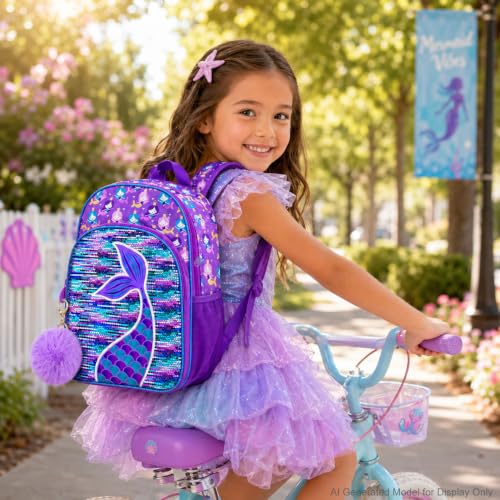 gxtvo 3PCS Girls Backpack, 16" Sequin Prechool Elementary Bookbag and Lunch Box - color: Fish Tail Purple