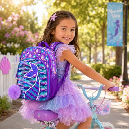 gxtvo 3PCS Girls Backpack, 16" Sequin Prechool Elementary Bookbag and Lunch Box - color: Fish Tail Purple