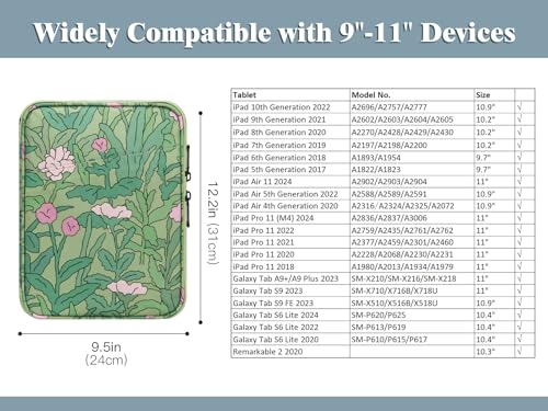 TiMOVO 9-11" Tablet Sleeve Bag for iPad 11-inch A16 2025, iPad 10.9"/10.2"| Air 11 Inch/5th/4th Gen. 10.9", Galaxy Tab A9+/A11Plus 11", Protective Bag with Pocket, Green Flower - color: Ab-Green Flower, size: 9-11 Inch