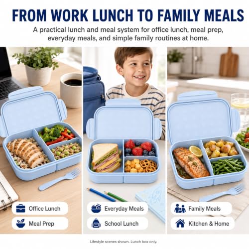 MISS BIG® Kids Bento Lunch Box, 1150ml 3 Compartments, Blue | Blue kids bento lunch box for school, daycare, and snack time - color: Blue, size: 1150ml