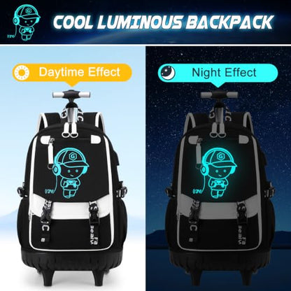 Bevalsa Rolling Backpack for Boys, Roller Backpack with Wheels, Wheeled School Bag with Sling Bag, Lunch Box & Pen Case for Kids Children Teens Elementary Middle Student Glow In The Dark - color: Black
