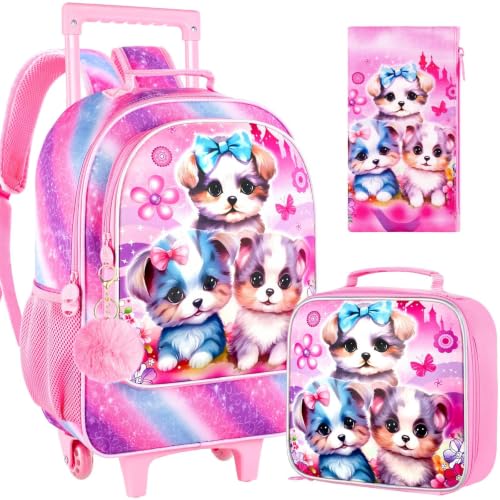gxtvo Rolling Backpack for Girls, Cute Dog Roller Wheels Kids Bookbag - Wheeled Elementary School Bag - 3PCS Dog - color: 3-dogs Rolling Set