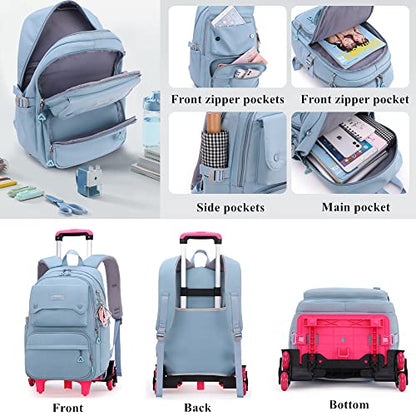 Solid Color Girls Rolling Backpack with Wheels Schoolbag Elementary School Student Trolley Daypack - color: A-pink - Six Wheels, size: 6 Wheels